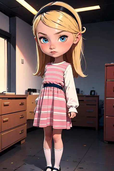 (masterpiece, best quality), 1girl,  <lora:Penny_Peterson_Leaf5:0.8> 1girl, solo, penny peterson, blonde hair, hairband, blue eyes, pink dress, white shirt, long sleeves, layered dress, striped dress, white socks, mary janes,