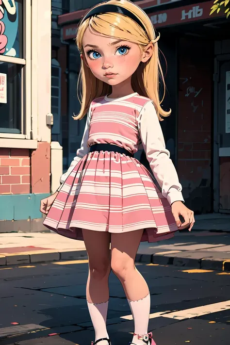 (masterpiece, best quality), 1girl,  <lora:Penny_Peterson_Leaf5:0.8> 1girl, solo, penny peterson, blonde hair, hairband, blue eyes, pink dress, white shirt, long sleeves, layered dress, striped dress, white socks, mary janes,