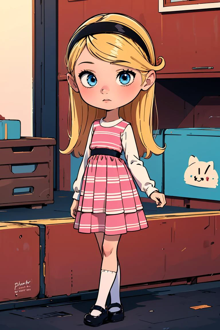(masterpiece, best quality), 1girl, <lora:Penny_Peterson_Leaf5:0.8> 1girl, solo, penny peterson, blonde hair, hairband, blue eyes, pink dress, white shirt, long sleeves, layered dress, striped dress, white socks, mary janes,