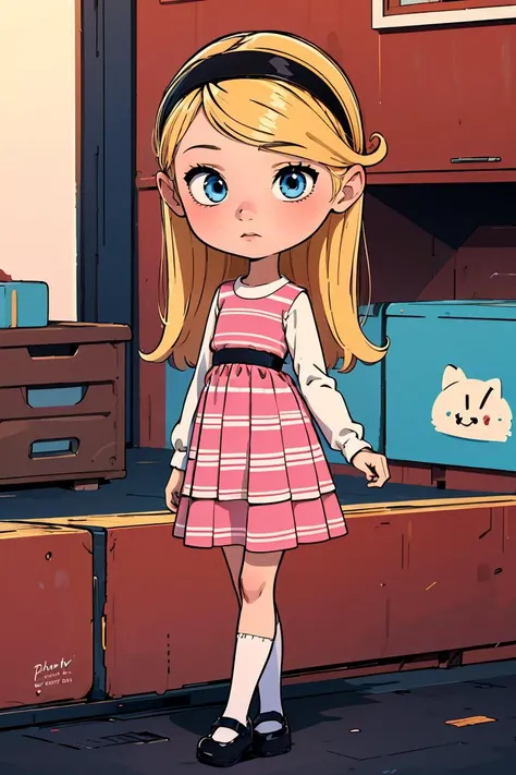 (masterpiece, best quality), 1girl,  <lora:Penny_Peterson_Leaf5:0.8> 1girl, solo, penny peterson, blonde hair, hairband, blue eyes, pink dress, white shirt, long sleeves, layered dress, striped dress, white socks, mary janes,