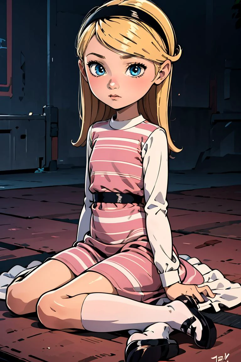 (masterpiece, best quality), 1girl, <lora:Penny_Peterson_Leaf5:0.8> 1girl, solo, penny peterson, blonde hair, hairband, blue eyes, pink dress, white shirt, long sleeves, layered dress, striped dress, white socks, mary janes,