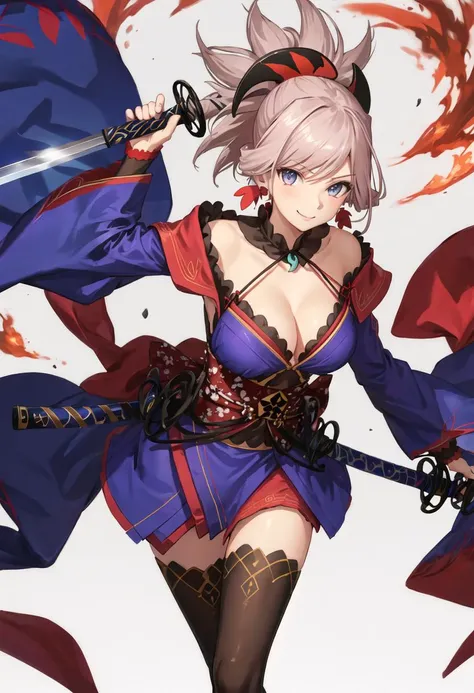 best quality, masterpiece, highres, solo, {miyamoto_musashi_fgo:0.90}, 1girl, detached_sleeves, holding_sword, jewelry, katana, blue_kimono, looking_at_viewer, smile, upper_body, cleavage, magatama, white_background, simple_background, bare_shoulders, dual_wielding, wide_sleeves