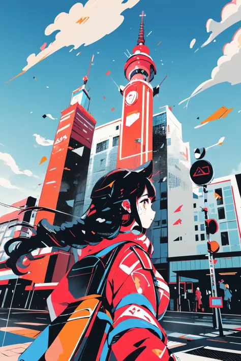 masterpiece, (detailed, highres, best quality), 1girl, cleavage, thick thighs, huge breasts, <lora:Ahri:1> IncrsAhri, braid, fox tail, multiple tails, korean clothes, skirt, breath, cold, enpera, outdoors, snow, tactile paving, train station, train station platform, upper body, aircraft, arch, building, city, cloud, dirigible, fantasy, from behind, from below, lamppost, megastructure, outdoors, power lines, road, scenery, signature, sky, skyscraper, spire, street, stuffed animal, stuffed toy, sunlight, teddy bear, vanishing point, window, angry, <lora:geometric_shapes:1>