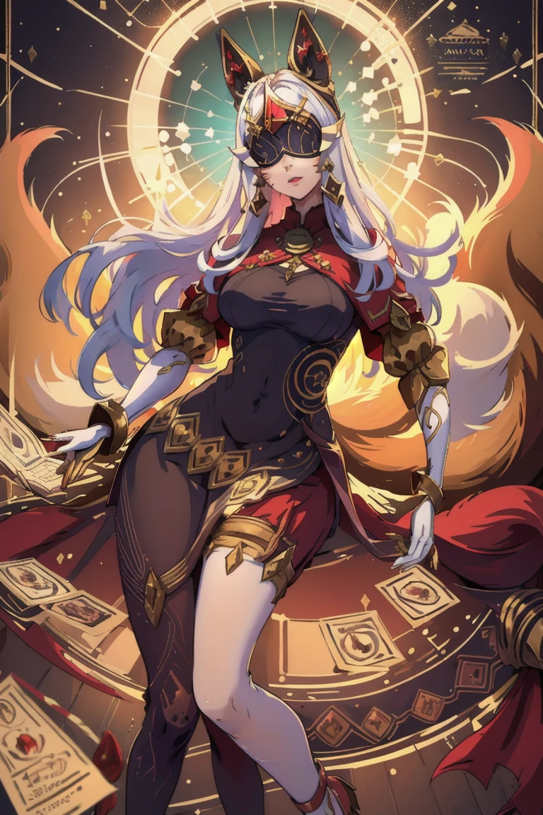 (masterpiece, best quality), 1girl, <lora:AhriArcana:0.8> IncrsAhriArcana, fox tail, multiple tails, gloves, dress, mask, high heels, pantyhose