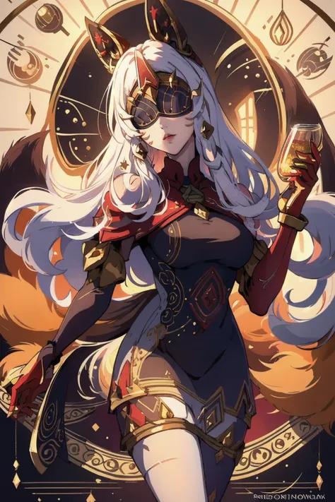 (masterpiece, best quality), 1girl, <lora:AhriArcana:0.8> IncrsAhriArcana, fox tail, multiple tails, gloves, dress, mask, high heels, pantyhose