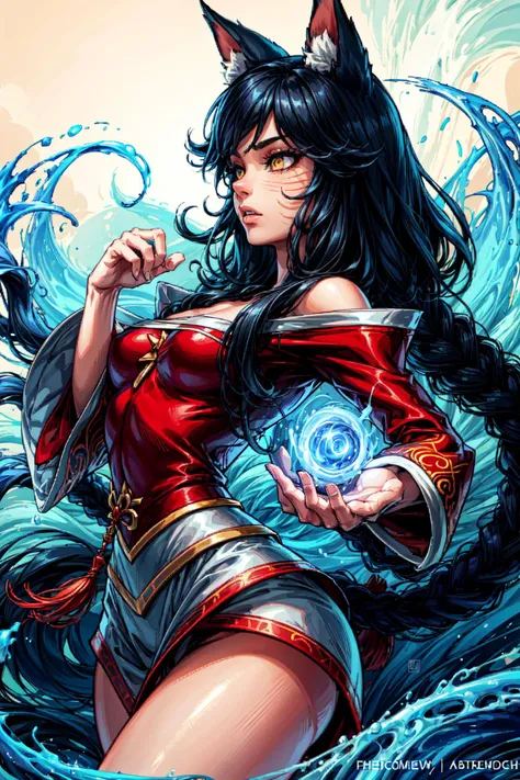 thick outlines, comics, photorealistic, perfect hands, masterpiece:1.2, forest, 1girl, magic, dynamic pose, <lora:Ahri:1>, fox tail, multiple tails, IncrsAhri, braid, fox tail, multiple tails, korean clothes, skirt, small breast, detailed background, detailed face, detailed eyes, <lora:add_detail:0.8>