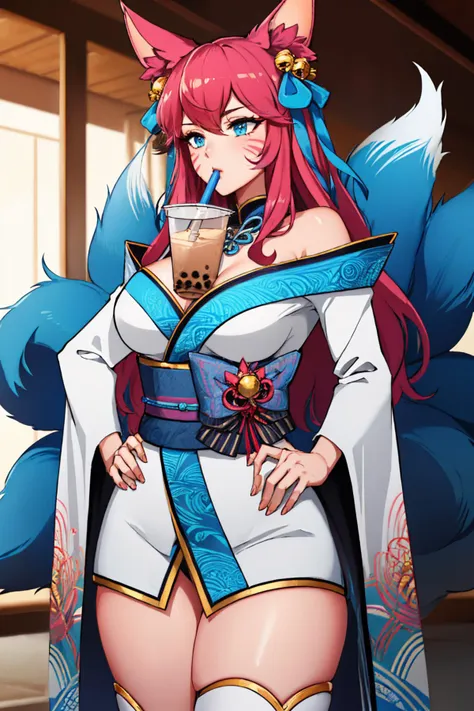 (masterpiece, best quality:1.2), solo, 1girl, IncrsAhriSD, facial mark, bubble tea challenge, drinking straw, hand on hip, fox tail, multiple tails, kimono, white thighhighs, black thighhighs <lora:AhriSpiritBlossom:1> <lora:concept_bubbleteachallenge-16:1>