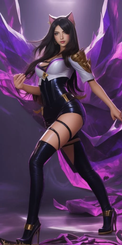high quality image of Ahri KDA, leauge of legends, <lora:AhriKDA:1>, shining black costume, beautiful face, dark hair, long legs, high heels <lora:egirl:1>