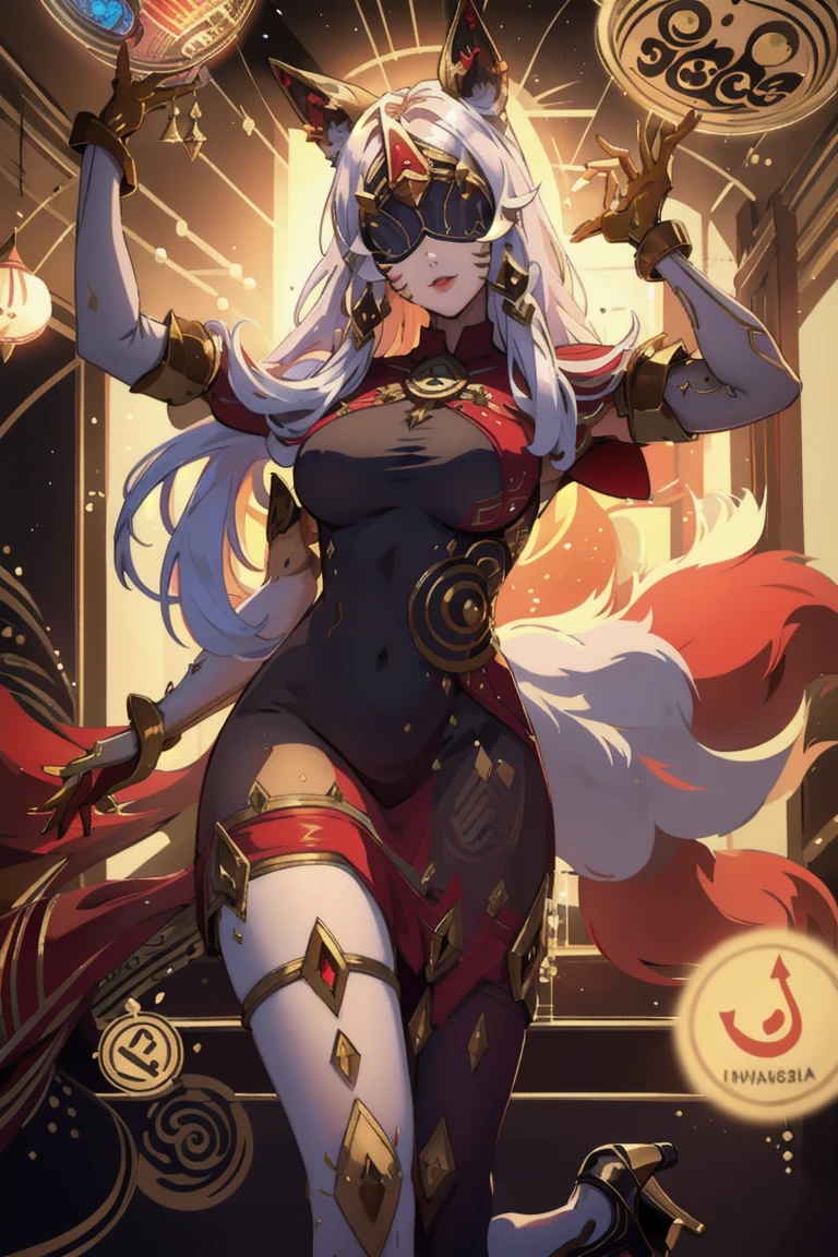 (masterpiece, best quality), 1girl, <lora:AhriArcana:0.8> IncrsAhriArcana, fox tail, multiple tails, gloves, dress, mask, high heels, pantyhose