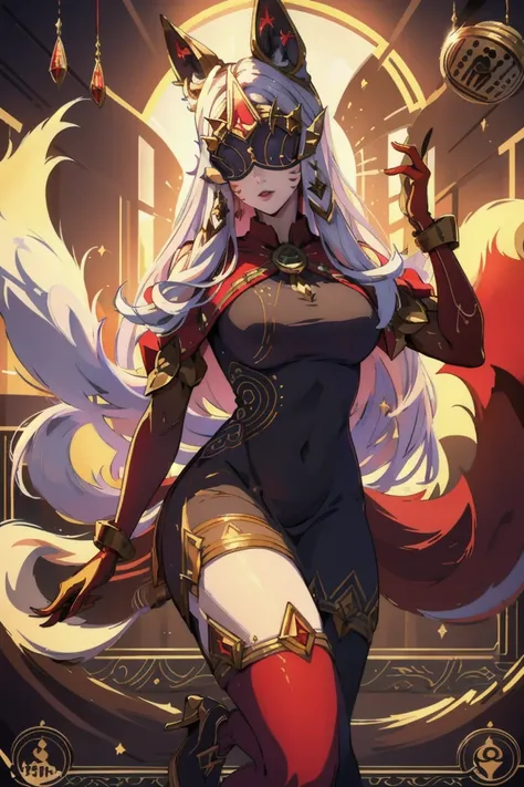 (masterpiece, best quality), 1girl, <lora:AhriArcana:0.8> IncrsAhriArcana, fox tail, multiple tails, gloves, dress, mask, high heels, pantyhose