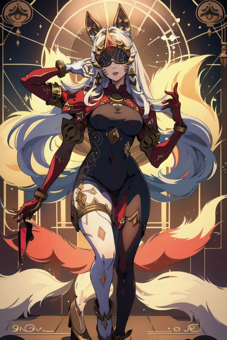 (masterpiece, best quality), 1girl, <lora:AhriArcana:0.8> IncrsAhriArcana, fox tail, multiple tails, gloves, dress, mask, high heels, pantyhose