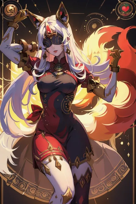 (masterpiece, best quality), 1girl, <lora:AhriArcana:0.8> IncrsAhriArcana, fox tail, multiple tails, gloves, dress, mask, high heels, pantyhose