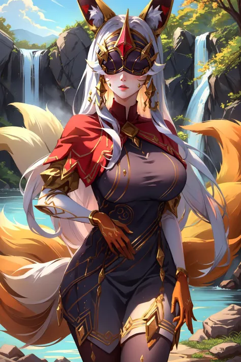 (masterpiece, best quality),  intricate details,
1girl,    <lora:AhriArcana:0.8> IncrsAhriArcana, fox tail, multiple tails, gloves, dress, mask, high heels, pantyhose
sweating ,boob sweat, 
outdoors, river, waterfall, rocks,