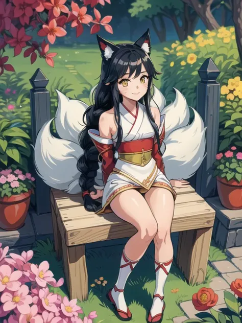 masterpiece, best quality, 1girl, IncrsAhri, <lora:Ahri:1>, multiple tails, fox tail, korean clothes, skirt, braid, arms behind back,sit on a throne, cute smile, in a garden, chibi, cute, , 8 yo<lora:more_deils:0.3>