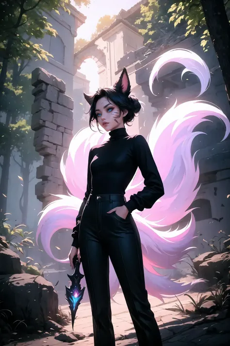 High Quality, Masterpiece, wrenchsfantasy, fantasy, glowing, <lora:Style_WrenchsFantasies:0.9>, IncrsAhriMN, fox tail, multiple tails, <lora:AhriMidnight:0.8>, shirt, long sleeves, standing, pants, sweater, turtleneck, black pants, high-waist pants, outdoors, facial mark