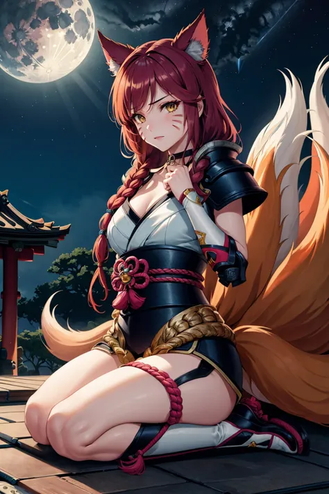 <lora:AhriAllinOne:0.9> IncrsAhriFF, 1girl, facial mark, parted bangs, fox tail, multiple tails, armor, rope, choker, knee boots, wrist wrap, belt, japanese building, seiza, female focus, sitting on top of roof, moon, night sky, best quality, anime coloring,