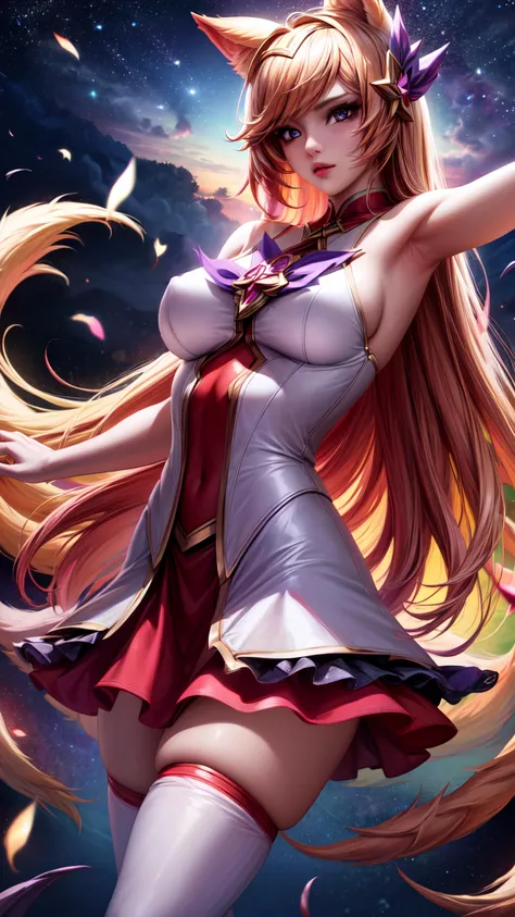 1girl, solo, detailed skin, ultra realistic, 8k cg, picture-perfect face, flawless, clean, masterpiece, professional artwork, famous artwork, cinematic lighting, cinematic bloom, ((beautiful eyes)), intricate iris, (perfect hands:1.3), (extremely detailed background), ((dynamic background)), beautiful detailed girl, beautiful detailed nose, light on face, looking at viewer,<lora:GoodHands-beta2:1.5>, <lora:more_details:0.6>, <lora:AhriStarGuardian:0.65> , IncrsAhriSG, (fox tail, multiple tails), skirt, white thighhighs, zettai ryouiki, space, shooting_star, sky, night_sky, night
