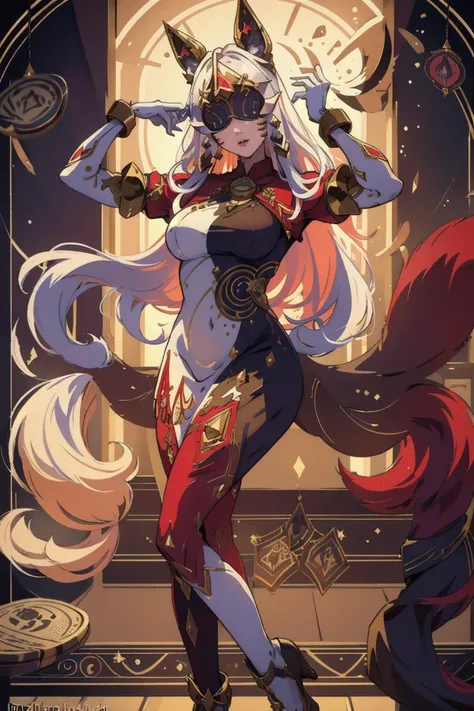 (masterpiece, best quality), 1girl, <lora:AhriArcana:0.8> IncrsAhriArcana, fox tail, multiple tails, gloves, dress, mask, high heels, pantyhose
