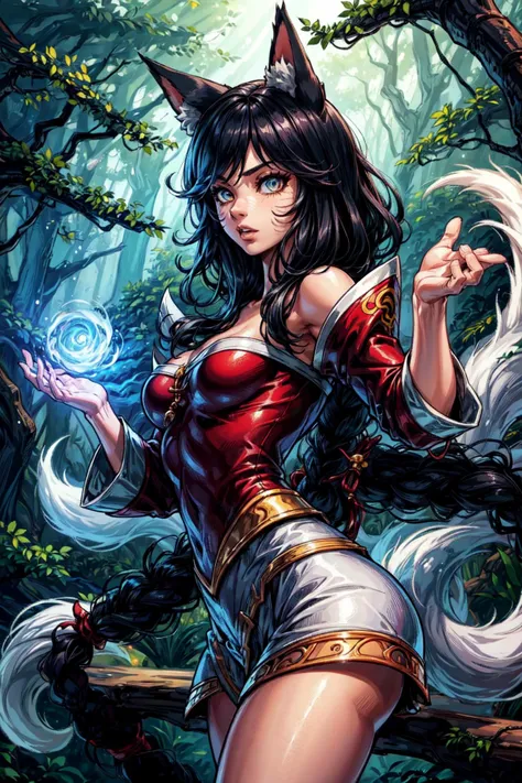 thick outlines, comics, photorealistic, perfect hands, masterpiece:1.2, on a bench, forest, 1girl, dynamic pose, <lora:Ahri:1>, fox tail, multiple tails, IncrsAhri, braid, fox tail, multiple tails, korean clothes, skirt, small breast, detailed background, detailed face, detailed eyes, <lora:add_detail:0.8>