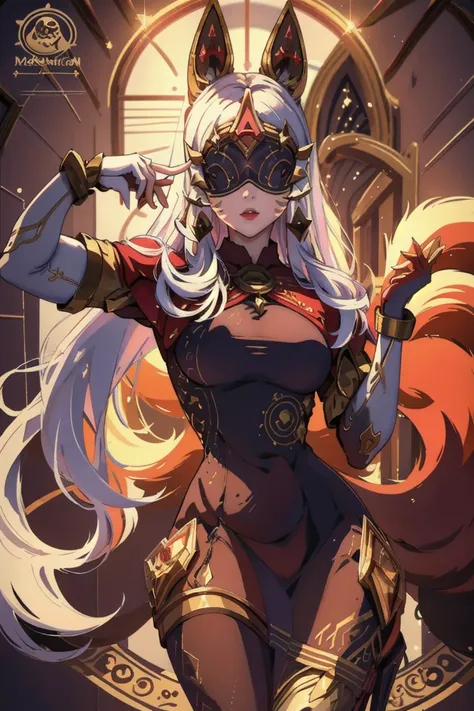 (masterpiece, best quality), 1girl, <lora:AhriArcana:0.8> IncrsAhriArcana, fox tail, multiple tails, gloves, dress, mask, high heels, pantyhose
