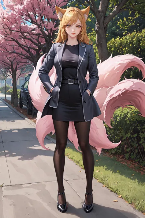 masterpiece, best quality, IncrsAhriPop, fox tail, multiple tails, <lora:AhriPopstar:0.8>, shirt, standing, full body, pantyhose, outdoors, shoes, tree, lips, black pantyhose, red footwear, hands in pockets, road, smile, (facial mark:0.9),