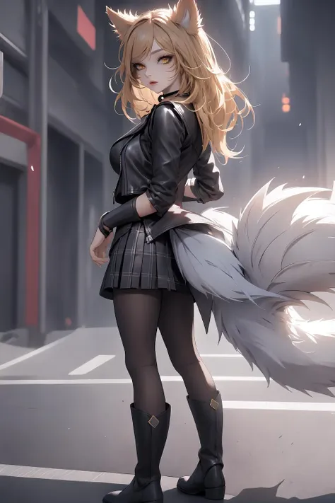 masterpiece, best quality, IncrsAhriPop, fox tail, multiple tails, <lora:AhriPopstar:0.8>, choker, leather jacket, plaid skirt, turtleneck, leather boots, from side,, IncrsTailsFixer, <lora:Pos_TailsFixer:1.2>