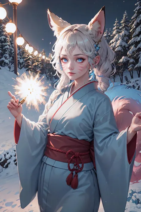 1girl, IncrsAhriWinterQueen, whisker markings, facial mark, <lora:AhriWinterQueen:1>, fox tail, multiple tails, ice, yukata, short yukata, <lora:Outfit_Kimono:1>, onsen, outdoors, night, dark enviroment, blue eyes, looking at viewer,