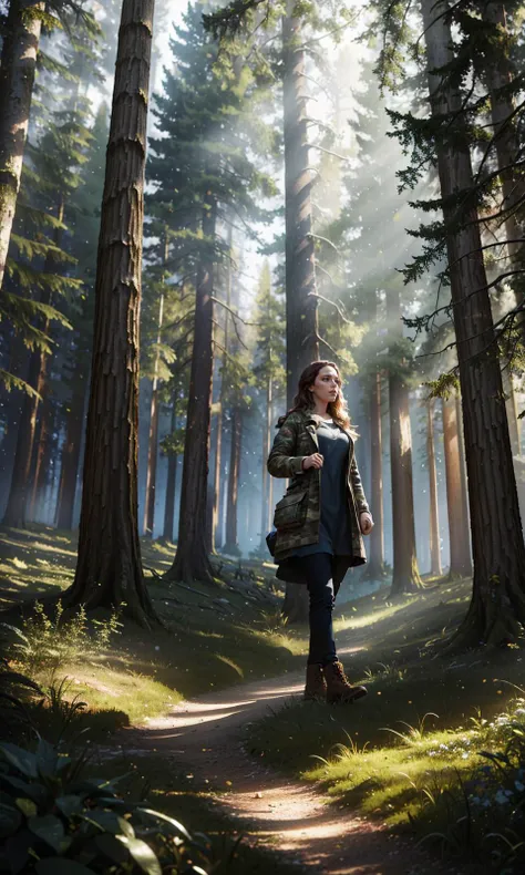 (clothed, masterpiece, wide angle, cinematic establishing shot, young adult european woman, highly detailed background:1.2), volumetric lighting, subsurface scattering, dynamic pose, (special effects, color grading, fantasy aura), (Forest Ent:1.4), Deep in woodland, framed by trees, camouflaged texture (style of Earl Moran,simple background:1.7),