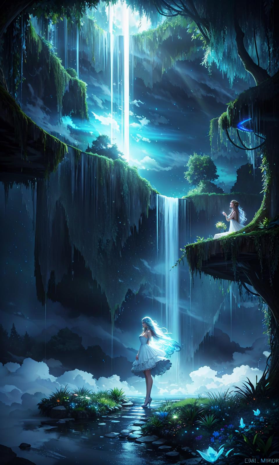 A girl standing in front of a waterfall with a bird flying over her ...