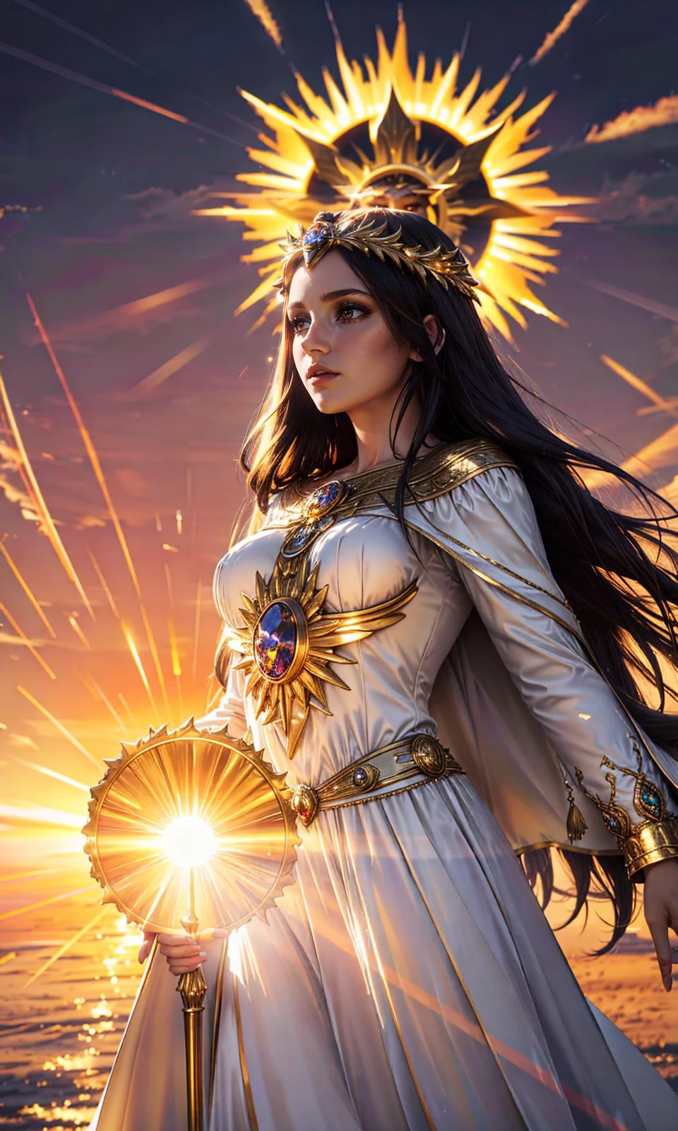 (clothed, masterpiece, wide angle, cinematic establishing shot, young adult european woman, highly detailed background:1.2), volumetric lighting, subsurface scattering, dynamic pose, (special effects, color grading, fantasy aura), (Sun Priestess:1.4), (Medium Covered breasts:0.81), Golden sunrise, radiant headdress, sunbeam cloak, divine staff (style of Earl Moran,simple background:1.7),