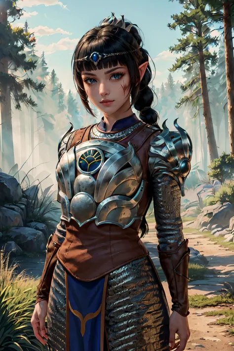 (masterpiece, best quality, ultra detailed, absurdres:1.5), 1girl, (sexy, beautiful woman, perfect face, perfect eyes, perfect female body:1.5), (shadowheart, pointy ears, braid, ponytail, hair ornament, bangs, armor, shoulder armor, breastplate, pauldrons, <lora:shadowheartr2:0.8>), (standing, outdoors, medieval, forest), perfect lighting, smooth, hdr