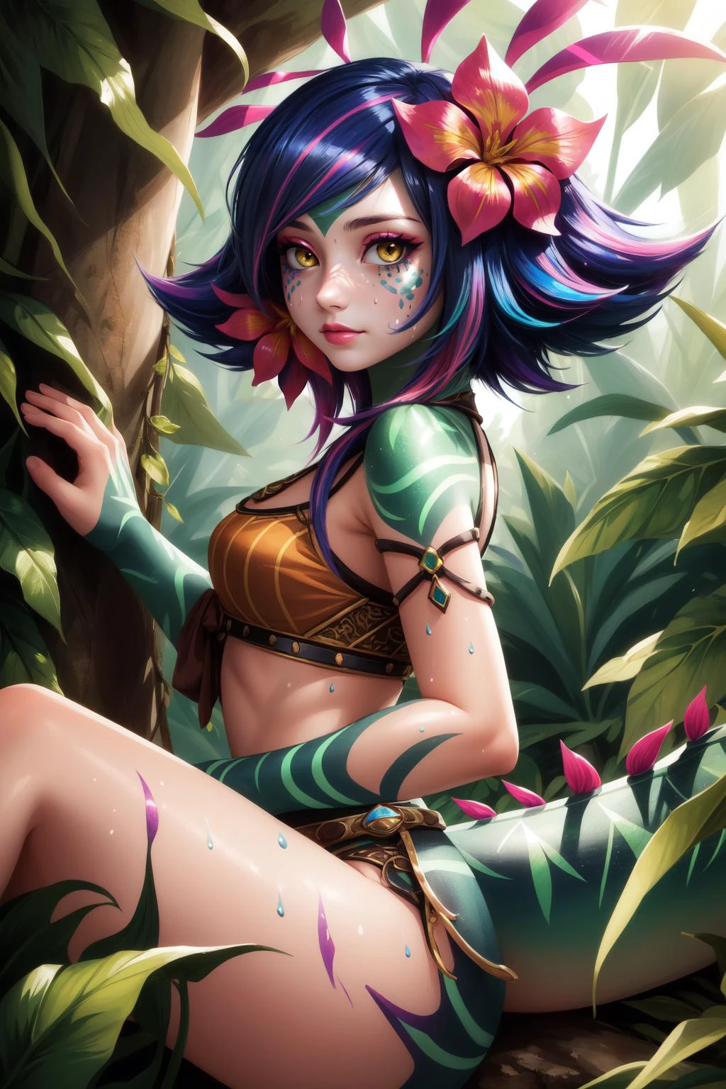 (masterpiece, best quality), intricate details,
1girl, <lora:neeko-10:0.8> neeko, hair ornament, colored skin, flower, hair flower, tail, green skin, medium hair, shiny, pink hair, shiny hair, monster girl, lizard tail,
jungle, outdoors, vines, leaves, sweating,