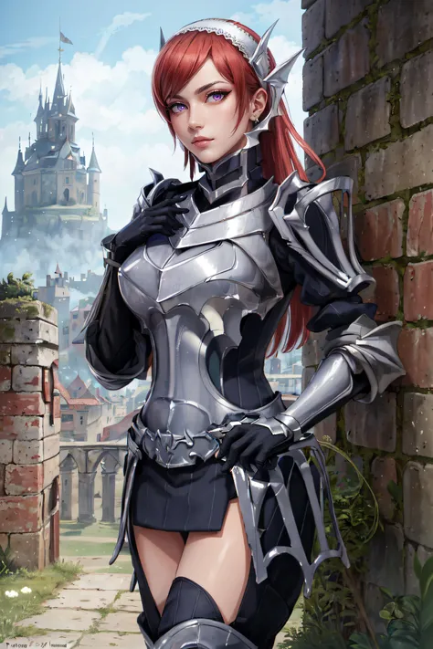(masterpiece, best quality, ultra detailed, absurdres)1.5, 1girl, (sexy, beautiful woman, perfect face, perfect eyes, perfect female body, large breasts)1.5, (cherche_def, cherche \(fire emblem\), gloves, hairband, armor, armored boots, <lora:cherche_def:0.7>), (standing, outdoors, castle in background), perfect lighting, smooth, hdr
