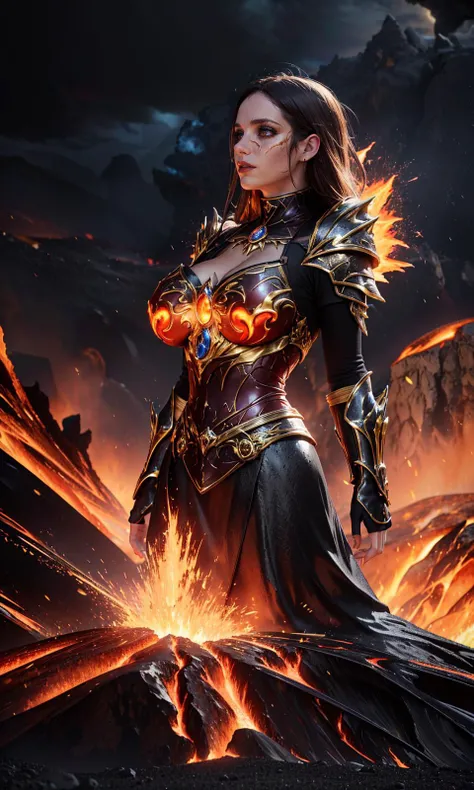 (clothed, masterpiece, wide angle, cinematic establishing shot, young adult european woman, highly detailed background:1.2), volumetric lighting, subsurface scattering, dynamic pose, (special effects, color grading, fantasy aura), (Volcanic Priestess:1.4), (Medium Covered breasts:0.81), Lava flows, ritual mask, fiery incantations, molten rock (style of Earl Moran,simple background:1.7),