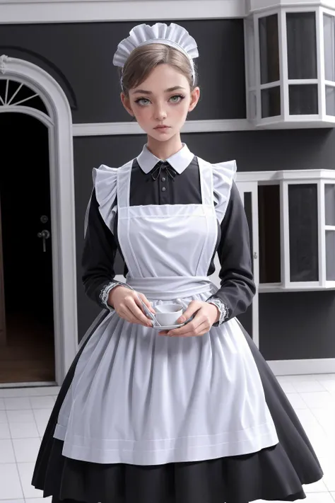 1girl, a woman in a black and white maid's dress standing in front of a building with a white lace trim around her neck, apron, depth of field, dress, enmaided, freckles, lips, long sleeves, looking at viewer, maid, maid apron, maid headdress, short hair, solo, white apron, <lora:ClothMaid1:1>, traditional maid