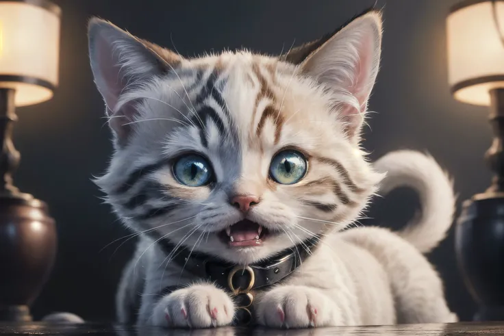 (best quality, masterpiece:1.2), photorealistic, ultra high res, front lighting, intricate detail, Exquisite details and textures, , absurdres, cinematic lighting, dynamic angle, cinematic pose, vibrant colors, (beautifully detailed face),
Fluffy kitten, energetic, bushy tail, reflective, wispy fur, fangs, detailed collar, illumination, lying,