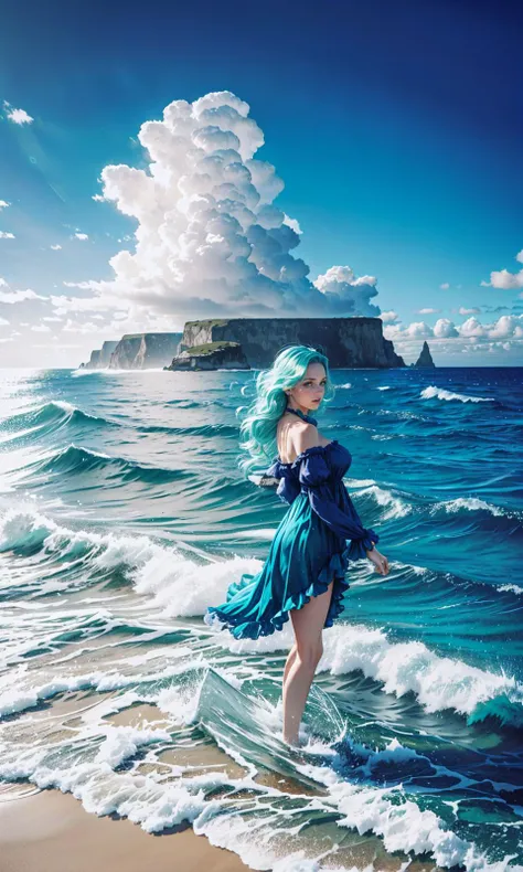 (clothed, masterpiece, wide angle, cinematic establishing shot, young adult european woman, highly detailed background:1.2), volumetric lighting, subsurface scattering, dynamic pose, (special effects, color grading, fantasy aura), (Ocean Spellcaster:1.4), (Medium Covered breasts:0.81), Rolling waves, seafoam, oceanic staff, aquatic magic (style of Earl Moran,simple background:1.7),