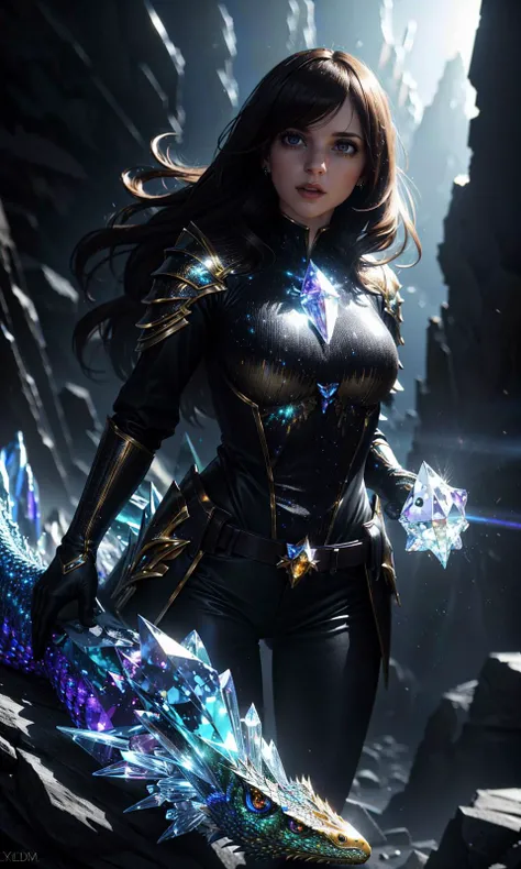 (clothed, masterpiece, wide angle, cinematic establishing shot, young adult european woman, highly detailed background:1.2), volumetric lighting, subsurface scattering, dynamic pose, (special effects, color grading, fantasy aura), (Crystal Basilisk:1.4), In a glittering cave, refracted light focus, petrifying gaze (style of Earl Moran,simple background:1.7),