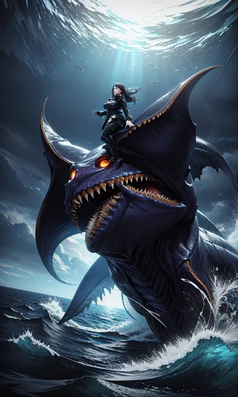 (clothed, masterpiece, wide angle, cinematic establishing shot, young adult european woman, highly detailed background:1.2), volumetric lighting, subsurface scattering, dynamic pose, (special effects, color grading, fantasy aura), (Abyssal Leviathan:1.4), Emerging from ocean depths, framed by towering waves, menacing presence (style of Earl Moran,simple background:1.7),