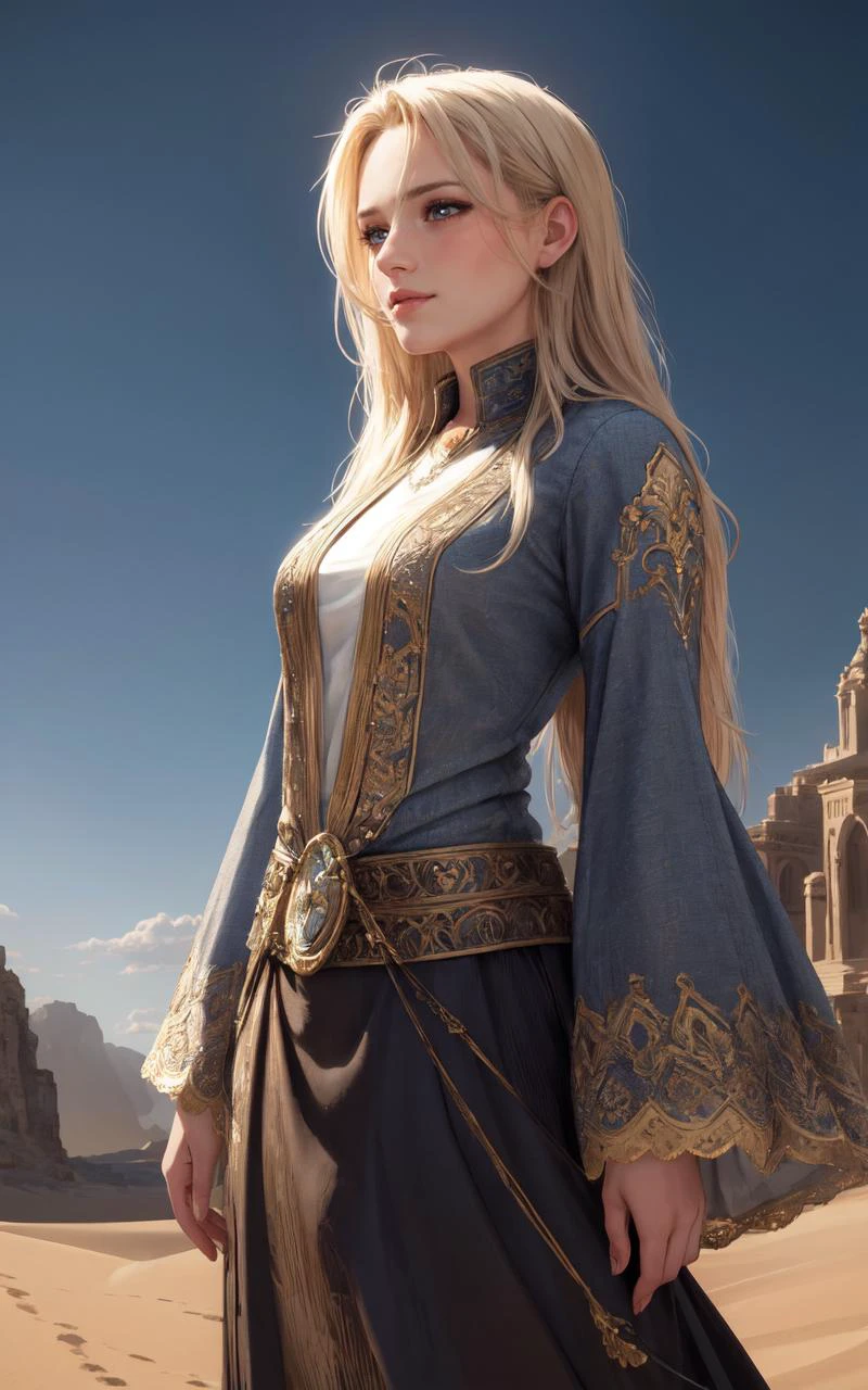 (extremely detailed illustration by Annie Leibovitz:1.5), highres, ((extremely detailed and beautiful background)), (professional illustration), (official art), ((Ultra-precise depiction)), ((Ultra-detailed depiction)), (beautiful:1.2 and aesthetic:1.2), beautiful detailed, intricate:1.1, fFaceDetail EyeDetail (clothed, masterpiece, wide angle, cinematic establishing shot, young adult european woman, highly detailed background:1.2), volumetric lighting, subsurface scattering, dynamic pose, (special effects, color grading, fantasy aura), (Mirage Weaver:1.4), (Small Perky breasts:0.81), Sandstorm, illusory oasis, desert attire, mystical sand creatures