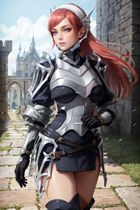 (masterpiece, best quality, ultra detailed, absurdres)1.5, 1girl, (sexy, beautiful woman, perfect face, perfect eyes, perfect female body, large breasts)1.5, (cherche_def, cherche \(fire emblem\), gloves, hairband, armor, armored boots, <lora:cherche_def:0.7>), (standing, outdoors, castle in background), perfect lighting, smooth, hdr