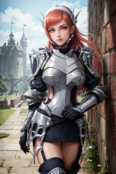 (masterpiece, best quality, ultra detailed, absurdres)1.5, 1girl, (sexy, beautiful woman, perfect face, perfect eyes, perfect female body, large breasts)1.5, (cherche_def, cherche \(fire emblem\), gloves, hairband, armor, armored boots, <lora:cherche_def:0.7>), (standing, outdoors, castle in background), perfect lighting, smooth, hdr