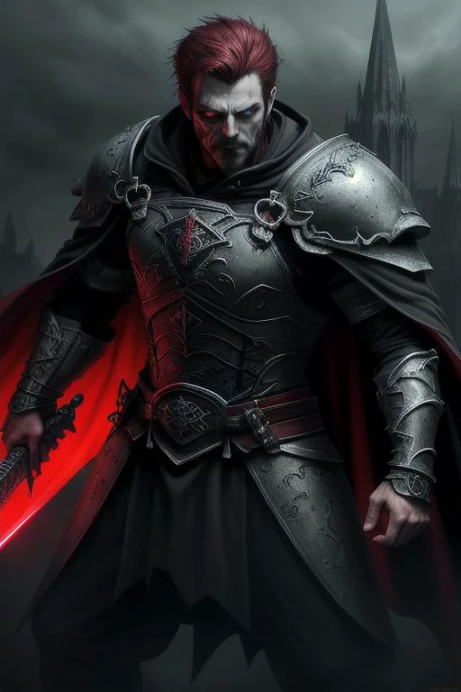best quality, masterpiece, (1man, muscular adult french male:1.2), turquoise eyes, dark red hair, layer cut, solo, (full body:0.6), detailed background, detailed face, (<lora:VampiricTech:0.4>, vamptech ,vampiric theme:1.1), (glowing eyes:1.05), dark warlord, lord of darkness, (chilling battle-cry:0.8), red clothes, heavy runic armor, tattered cape, wielding accursed sword , ghastly vapors creeping , lurking , dynamic pose, shadows in background, dark tower in background, misty dark sinister atmosphere,