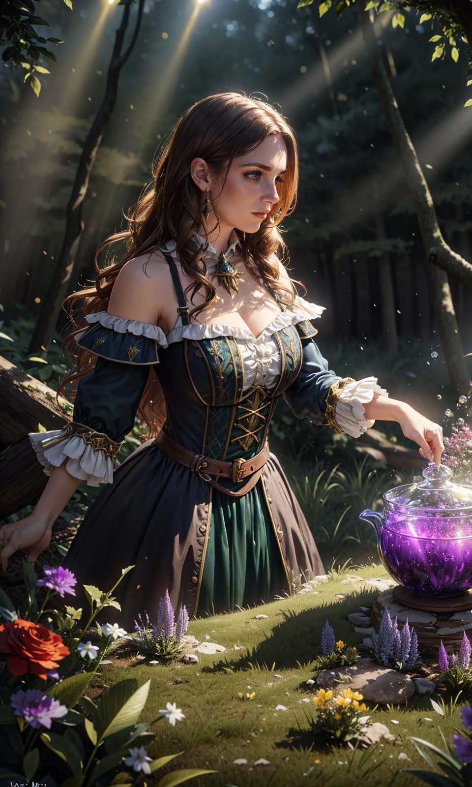 (clothed, masterpiece, wide angle, cinematic establishing shot, young adult european woman, highly detailed background:1.2), volumetric lighting, subsurface scattering, dynamic pose, (special effects, color grading, fantasy aura), (Forest Potion Master:1.4), (Small Perky breasts:0.81), Dense woods, bubbling cauldron, herbal wreaths, magical brews (style of Earl Moran,simple background:1.7),