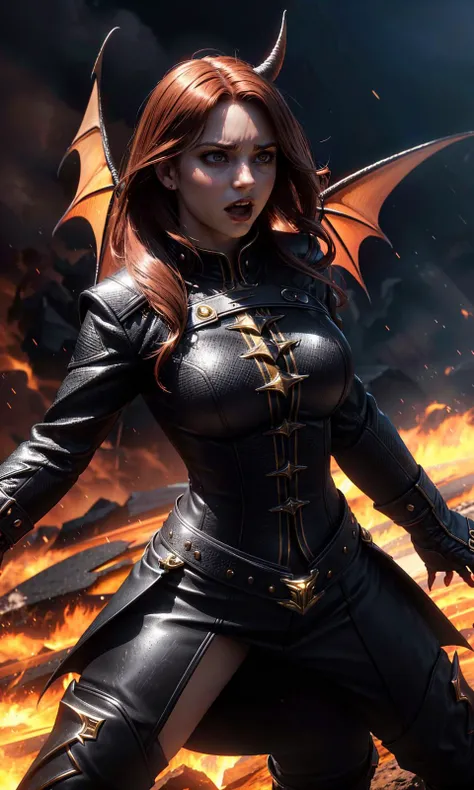 (clothed, masterpiece, wide angle, cinematic establishing shot, young adult european woman, highly detailed background:1.2), volumetric lighting, subsurface scattering, dynamic pose, (special effects, color grading, fantasy aura), (Infernal Demon:1.4), Centered in a fiery hellscape, dramatic lighting, fearsome stance (style of Earl Moran,simple background:1.7),