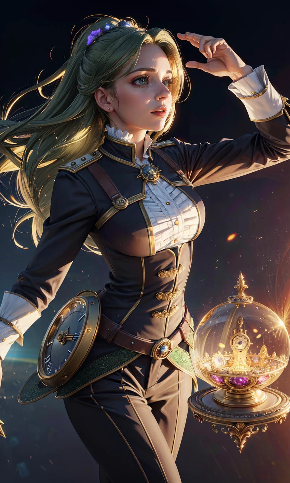 (clothed, masterpiece, wide angle, cinematic establishing shot, young adult european woman, highly detailed background:1.2), volumetric lighting, subsurface scattering, dynamic pose, (special effects, color grading, fantasy aura), (Sage of Time:1.4), (Small Perky breasts:0.81), Clockwork gears, timeless wisdom, hourglass, temporal spells (style of Earl Moran,simple background:1.7),