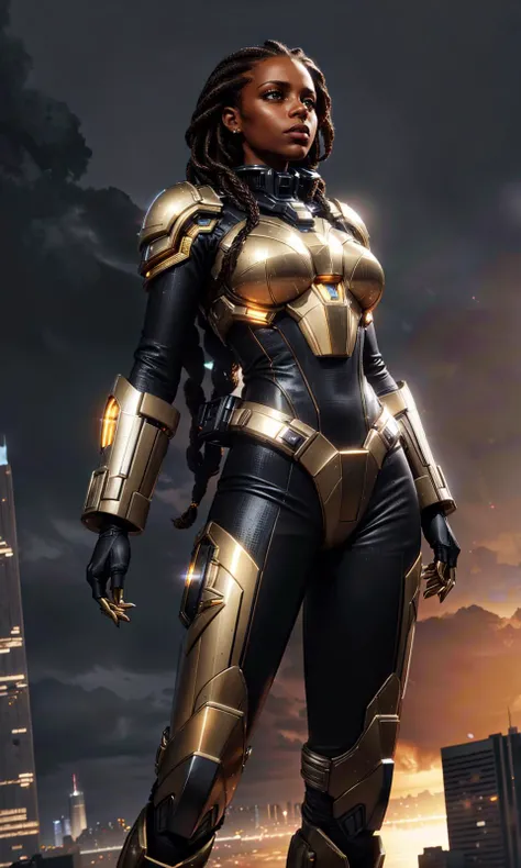 (style of Annie Leibovitz), (intense dramatic lighting), ((darkskinned woman in scifi militarystyle uniform standing in front of mechatank)), sharp angles, embellished with intricate gold braiding and medals, commanding posture, (dystopian cityscape in the background), ominous clouds, deep shadows, sense of urgency and power, (style of Earl Moran,simple background:1.7),