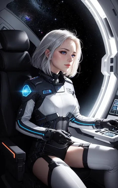(extremely detailed illustration by Annie Leibovitz:1.5), highres, ((extremely detailed and beautiful background)), (professional illustration), (official art), ((Ultra-precise depiction)), ((Ultra-detailed depiction)), (beautiful:1.2 and aesthetic:1.2), beautiful detailed, intricate:1.1, fFaceDetail EyeDetail (beautiful busty skinny british woman sitting in spaceship cockpit looking over shoulder at viewer:1.2), (cute face, over the shoulder:1.1), ( still:1.1), side view, (spaceship cockpit:1.1), glowing holographic instruments, (beautiful face:1.11), from behind, smart fabric flightsuit:1.1, lightweight structured jacket with sharp geometric lines, utility belt, kneehigh boots, fingerless gloves, (large spaceship cockpit with highly polished flooring and stellar view), backlit hair, perfect face, feminine physique, (pale freckles:0.6), (black and silver accents), perfect eyes, low key, joystick++, thin pouting lips, (white++ bob hair, ombre tips:1.2), wide set soft+ turquoise++ eyes, skin pores, (small retrousse nose:1.2), (pale skin), supernova, dramatic angle, eyelid shimmer makeup, silver eyeshadow, iridescent cheekbones, muted rose lips, deep space blue, (available light:0.7), BREAK, starlight silver, nebula pink, black hole black, planetary rings, asteroid clusters, geometric shapes, angular contours, Holographic control panels, chiaroscuro effects, reflective surfaces, starfilled skies, distant galaxies, shimmering surfaces, iridescent scifi materials, clean lines, modernistic details