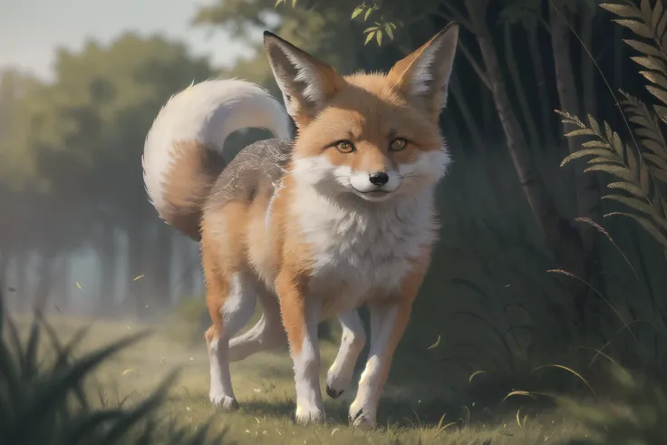 (best quality, masterpiece:1.2), photorealistic, ultra high res, front lighting, intricate detail, Exquisite details and textures, , absurdres, cinematic lighting, dynamic angle, cinematic pose, vibrant colors, (beautifully detailed face),
energetic fox, bushy tail, wispy fur, running in tall grass,