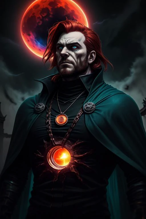 best quality, masterpiece, (1man, muscular adult male:1.2), teal eyes, copper hair, mutton chops, Style-GravityMagic, solo, upper body, looking away, detailed background, detailed face, (<lora:UltraBlackholeTech:0.6>, ulblackholetech theme:1.1) vampire, piercing gaze, bloodthirsty, pale skin, vampire fangs, flowing vampire clothes, cape, pendant, movement, supernatural abilities, otherworldly aura, red glow, ruins in background, red moon, dark night, contrast, mist, eerie atmosphere,